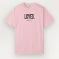 Pink t-shirt with 'LOVED' text on a light gray background