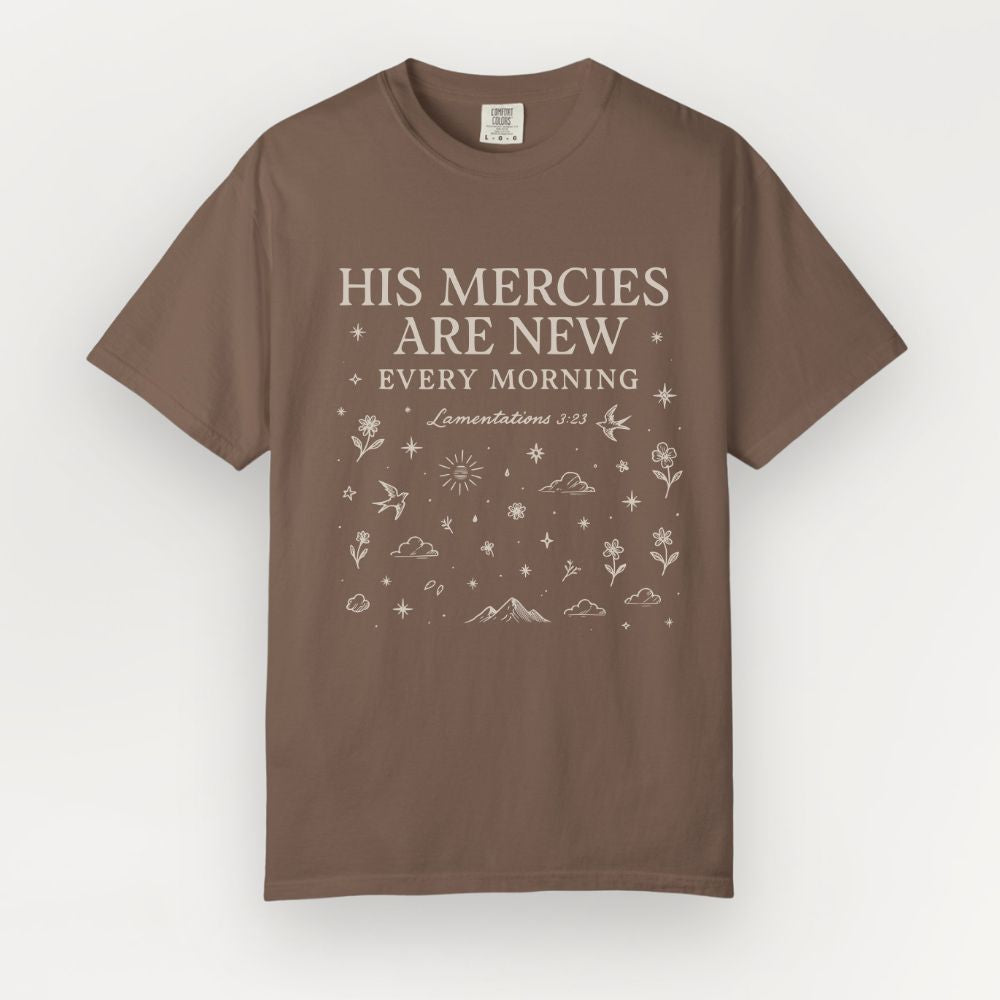 Brown t-shirt with white text and graphics on a white background