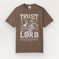 Brown t-shirt with 'Trust in the Lord' graphic design on a white background