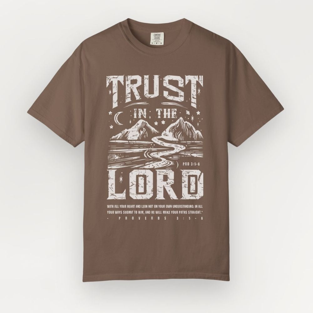 Brown t-shirt with 'Trust in the Lord' graphic design on a white background