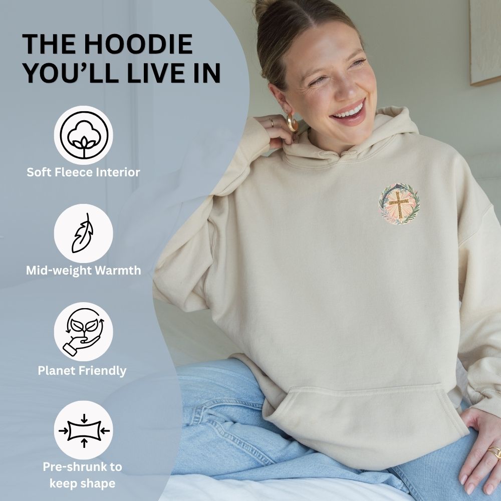 Woman wearing a beige hoodie with text and icons about the hoodie's features.