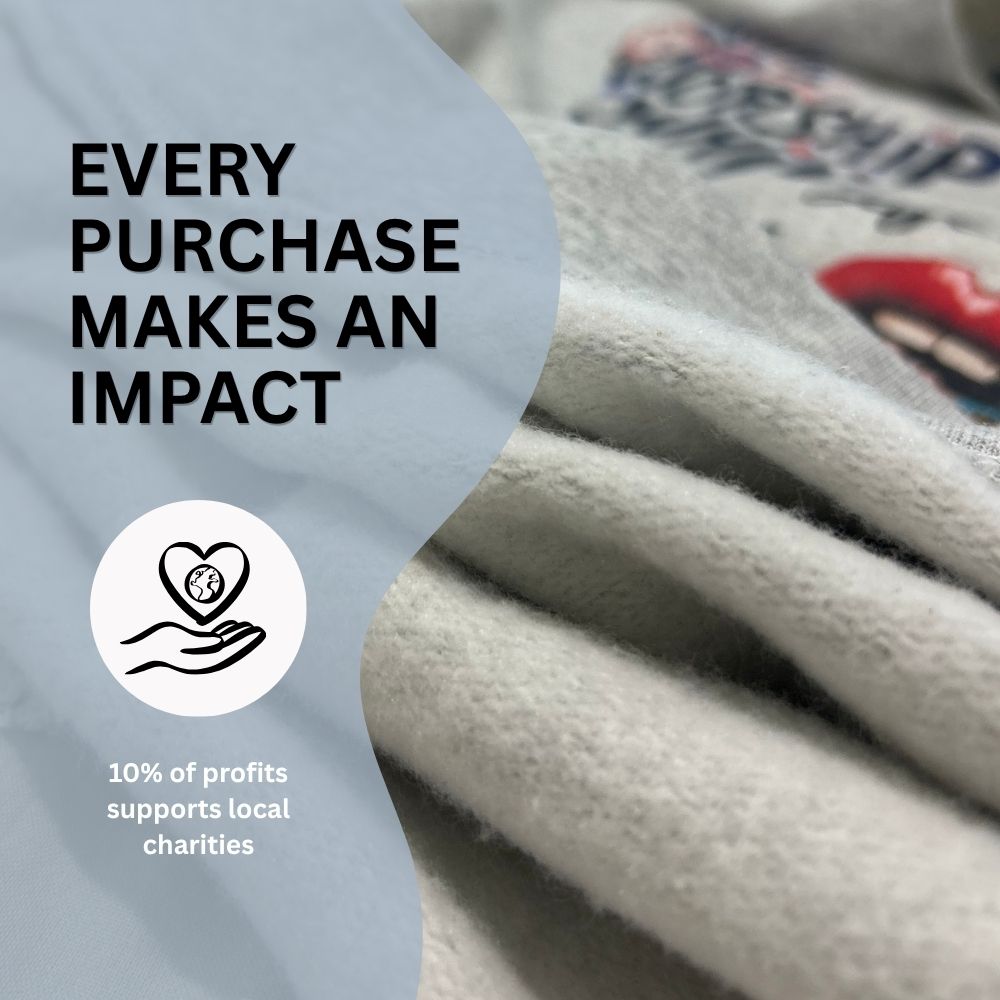 Close-up of gloves with text about profit impact on local charities