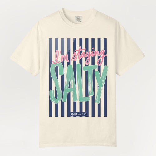 Beige t-shirt with 'I'm staying Salty' text on a white background