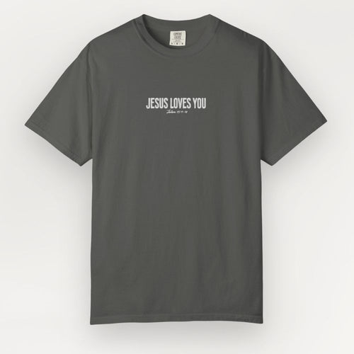 Gray t-shirt with 'Jesus Loves You' text on a white background