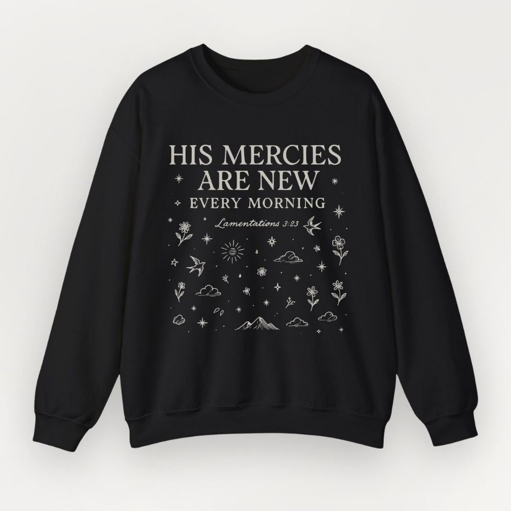 Black sweatshirt with white text and graphics on a white background