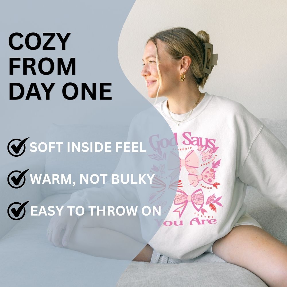 Woman wearing a white sweatshirt with a graphic design, sitting on a couch with promotional text about the sweatshirt's features.