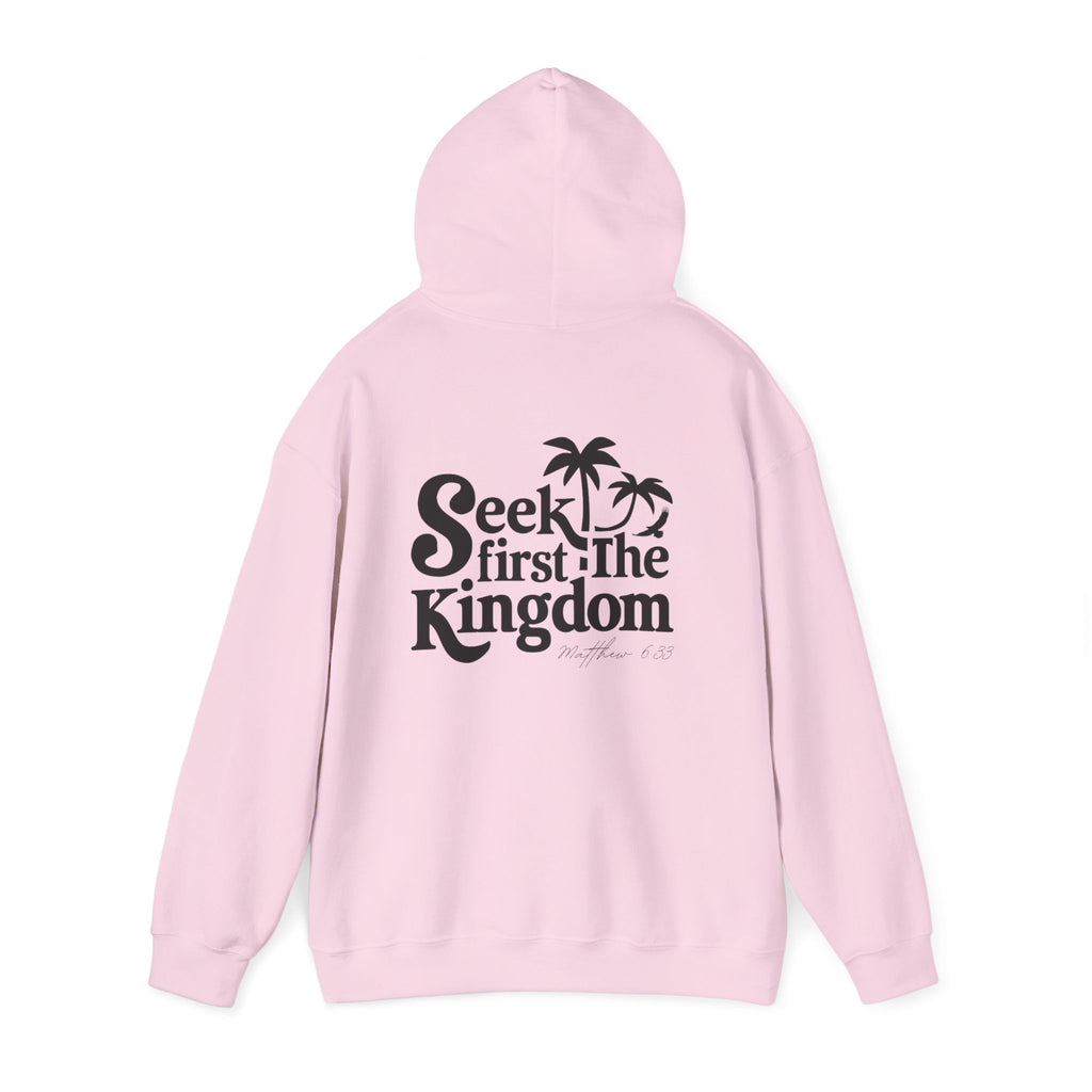 Pink hoodie with black text and palm tree design on a white background