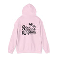 Pink hoodie with black text and palm tree design on a white background