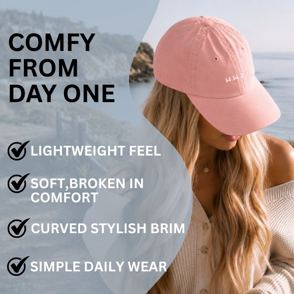 Woman wearing a pink cap with text highlighting cap features and comfort.