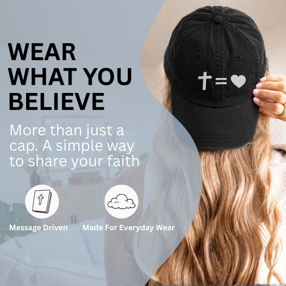 Person wearing a black cap with a religious symbol, text 'WEAR WHAT YOU BELIEVE' on a blurred background.