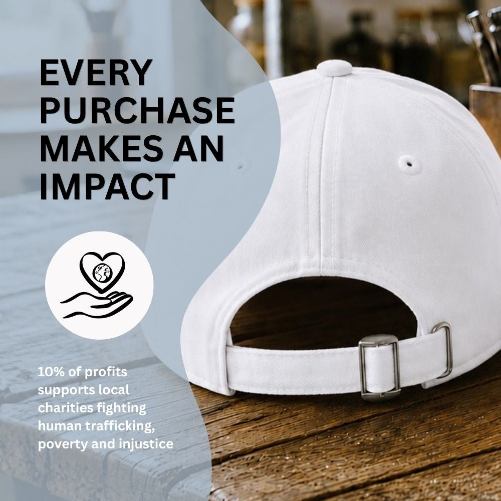 White cap on a wooden surface with text about charitable contributions.