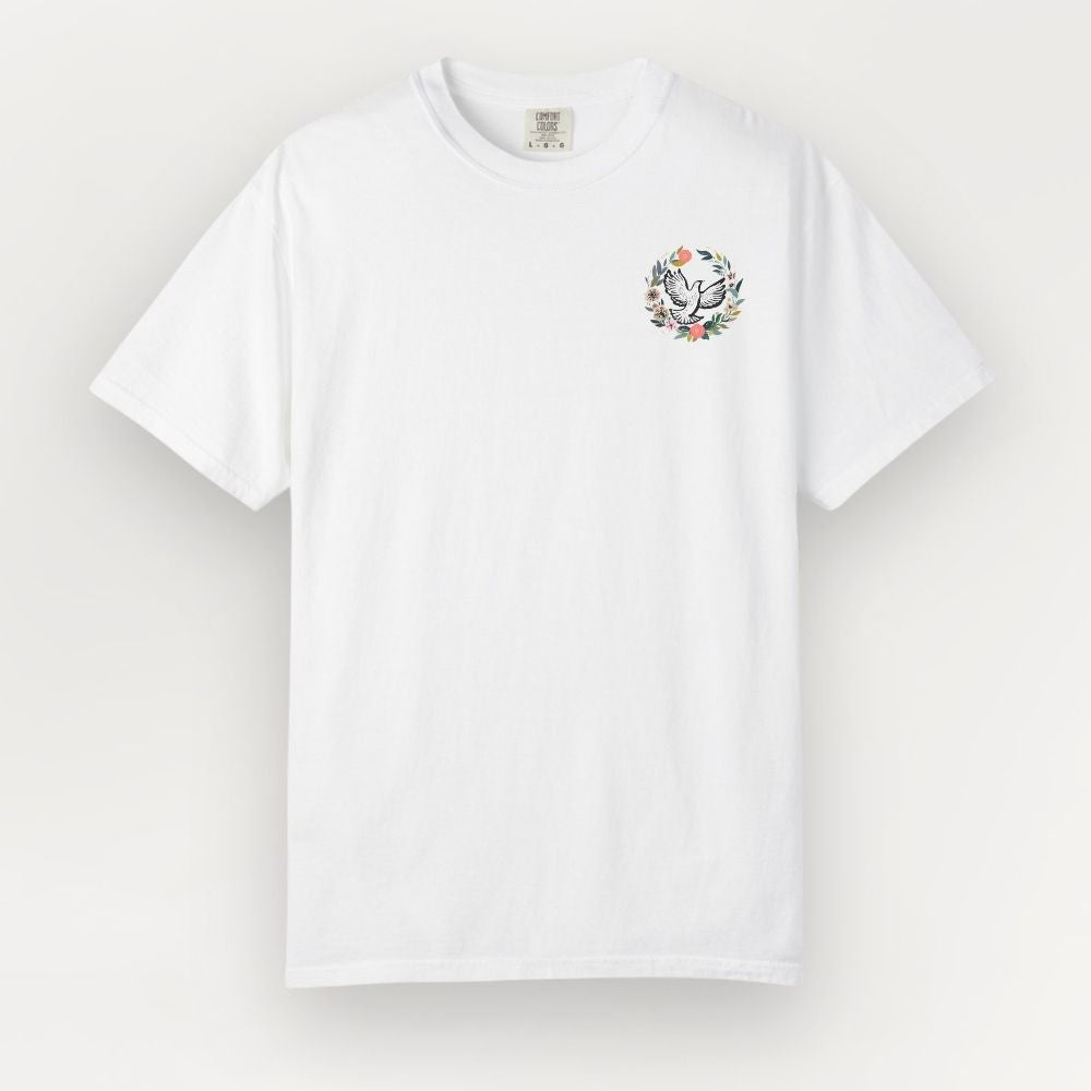 White t-shirt with a colorful logo on a white background