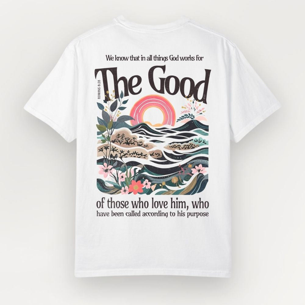 White t-shirt with a colorful design and text on a white background