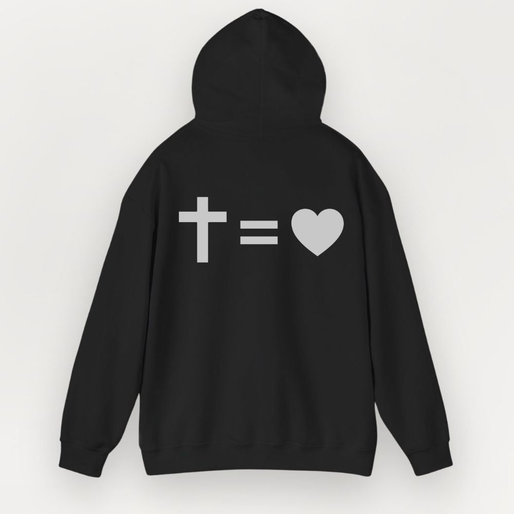 Black hoodie with mathematical symbol and heart design on the back against a white background