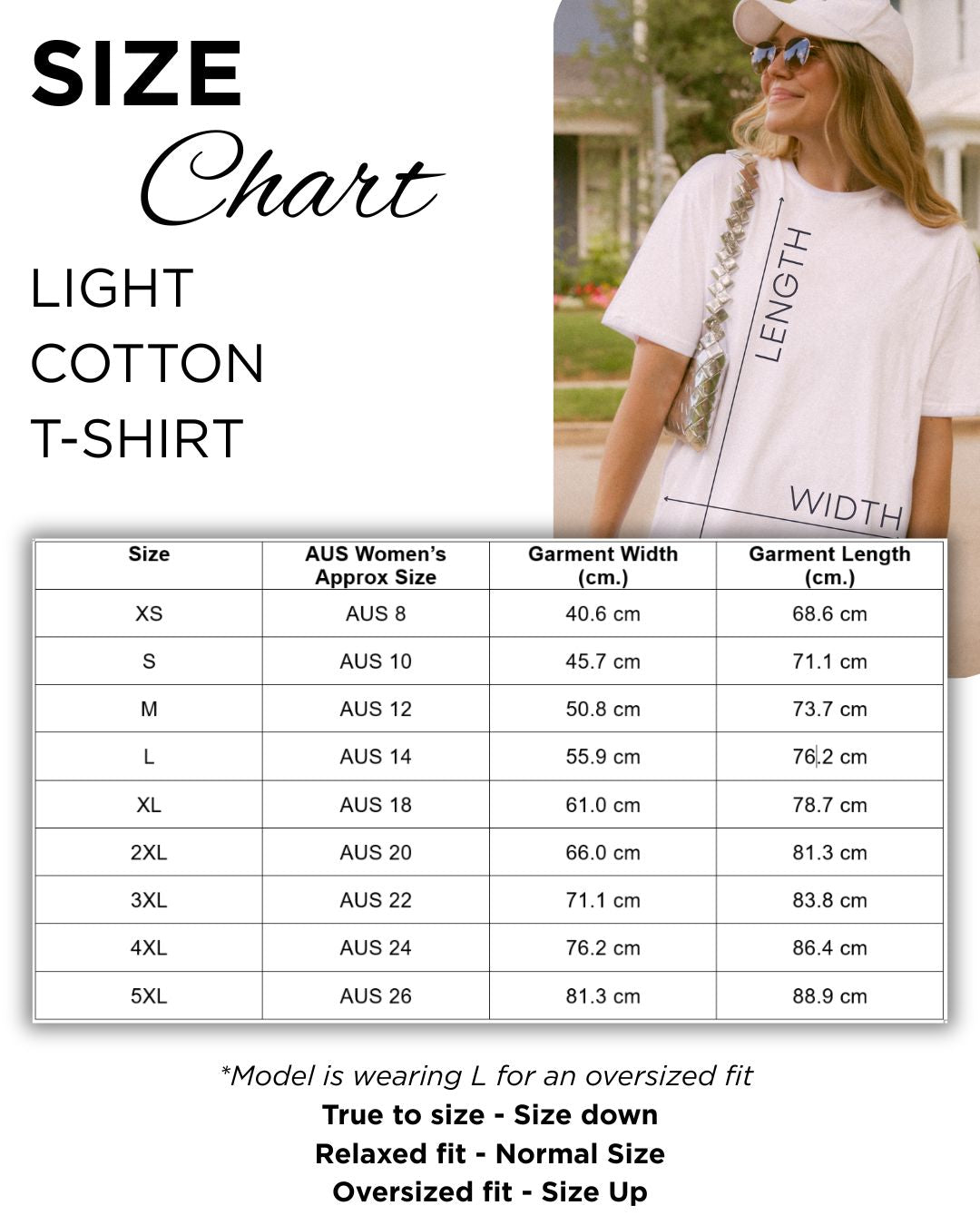A size chart for an Everyday Faith essential t-shirt. Unisex Sizes XS, S, M, L, XL, 2XL, 3XL, 4XL, 5XL. Measurements in centimetres. Details are in a table format.