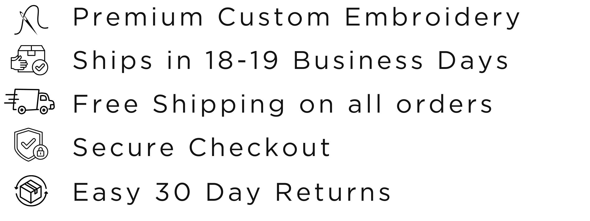 An Everyday Faith features graphic with five icons down the left side and customer information. Info includes: Premium Custom Embroidery, Ships in 18-19 Business Days, Free Shipping on all orders, Secure Checkout and Easy 30 Day Returns.