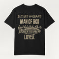 A black Everyday Faith short-sleeve t-shirt with a distressed beige graphic text print on the front, displayed against a light off-white background.