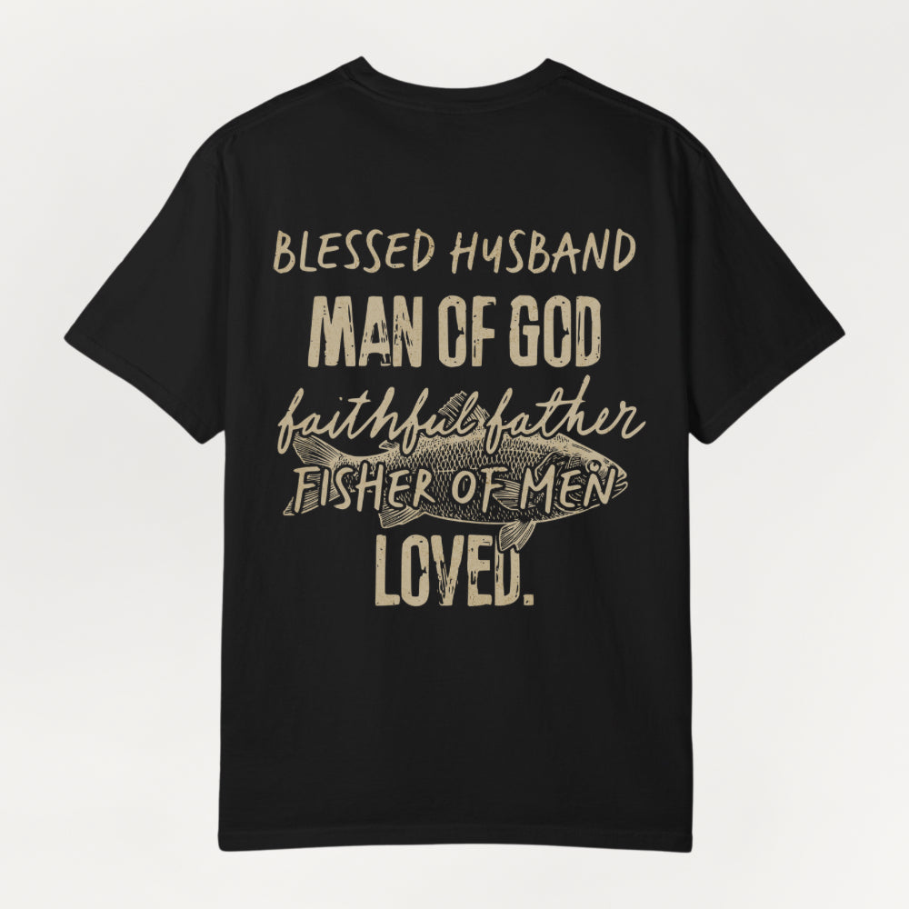 A black Everyday Faith short-sleeve t-shirt with a distressed beige graphic text print on the front, displayed against a light off-white background.