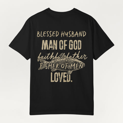 A black Everyday Faith short-sleeve t-shirt with a distressed beige graphic text print on the front, displayed against a light off-white background.