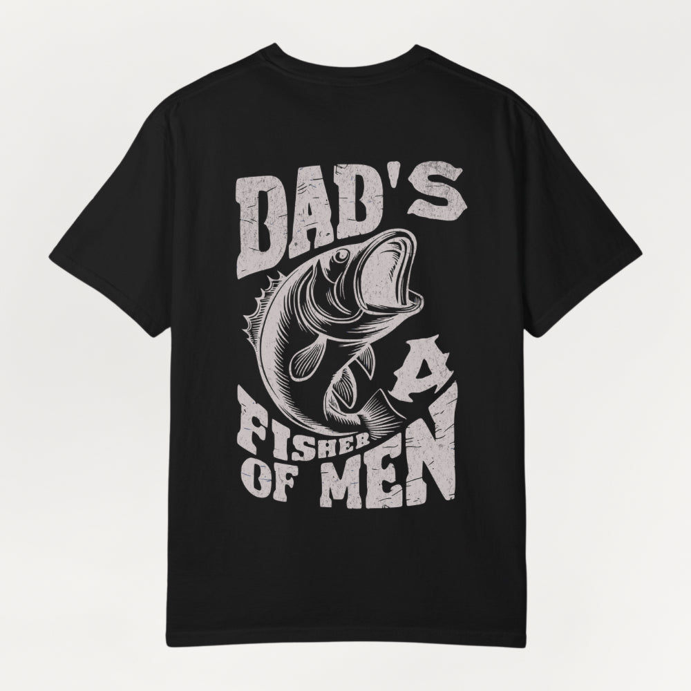 A black Everyday Faith short-sleeve t-shirt with a distressed white graphic print featuring a largemouth bass and the text 'DAD'S A FISHER OF MEN' on a light gray background.