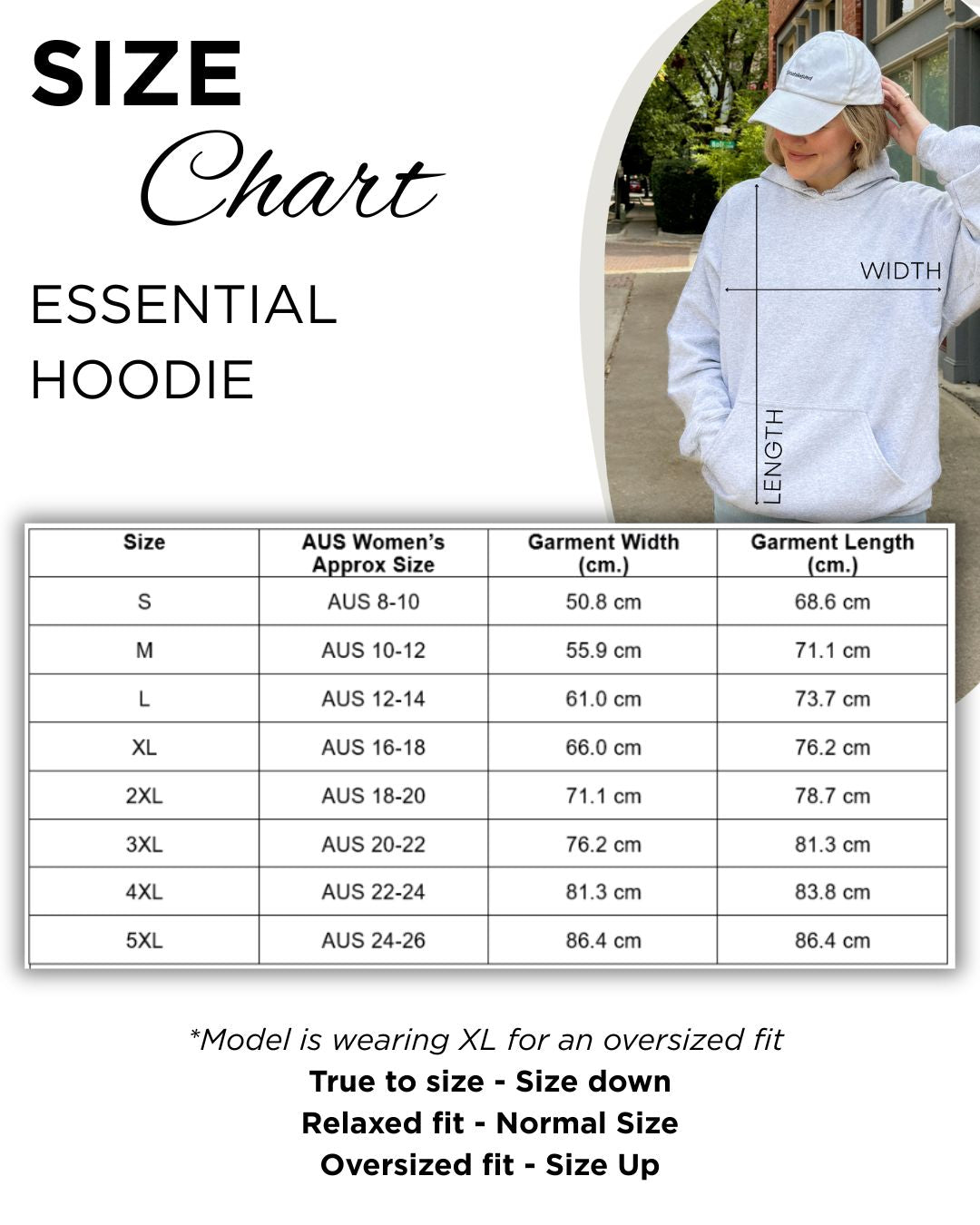 A size chart for an Everyday Faith essential hoodie. Unisex Sizes S, M, L, XL, 2XL, 3XL, 4XL, 5XL. Measurements in centimetres. Details are in a table format.