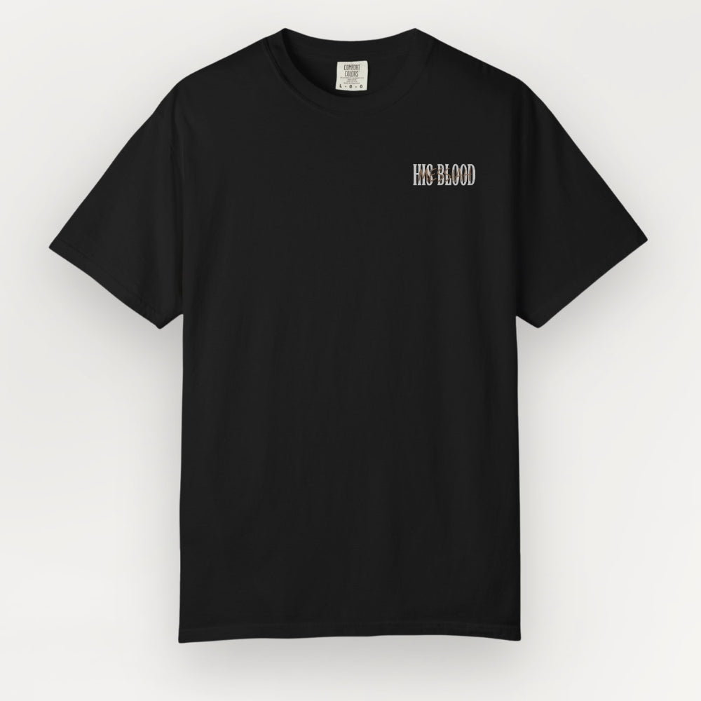 A black short-sleeve Everyday Faith crewneck t-shirt with the text 'IHS BLOOD' printed in white on the left chest, displayed against a light gray background.