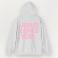 A light gray heather Everyday Faith pullover hoodie shown from the back, featuring the phrase 'JESUS LOVES YOU.' printed in bold pink capital letters across the back.