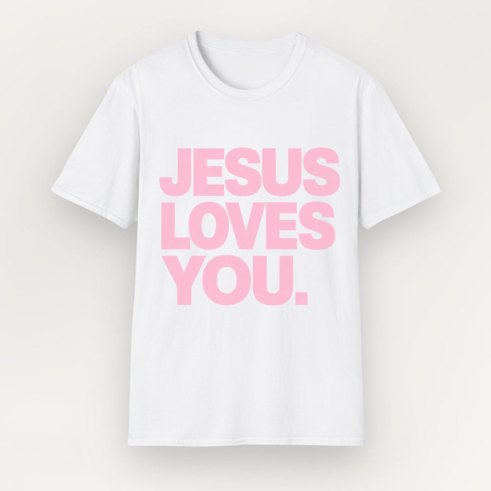 A white short-sleeve Everyday Faith crewneck t-shirt with the phrase 'JESUS LOVES YOU.' printed in bold pink capital letters across the chest, displayed against a light off-white background.