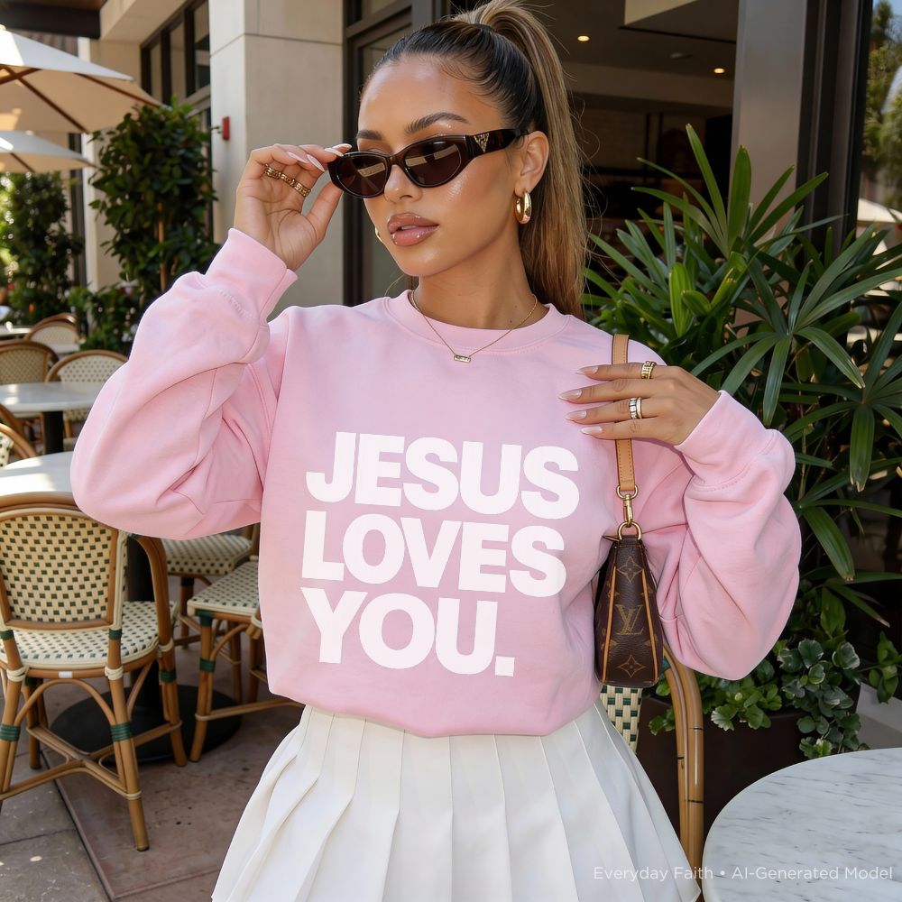 A person wearing a light pink Everyday Faith sweatshirt with the text 'JESUS LOVES YOU.' in bold white letters, paired with a white pleated skirt.