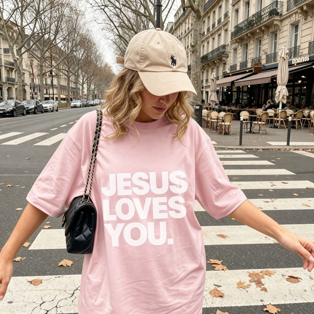 A woman wearing an oversized light pink Everyday Faith t-shirt with the text 'JESUS LOVES YOU.' in bold white letters, paired with a beige baseball cap and a black quilted shoulder bag, standing on a city crosswalk.