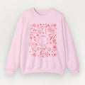 A light pink Everyday Faith crewneck sweatshirt featuring a red line-art floral graphic with the words 'LOVE CAME DOWN' arranged in a square pattern on the front, displayed against a light gray background.