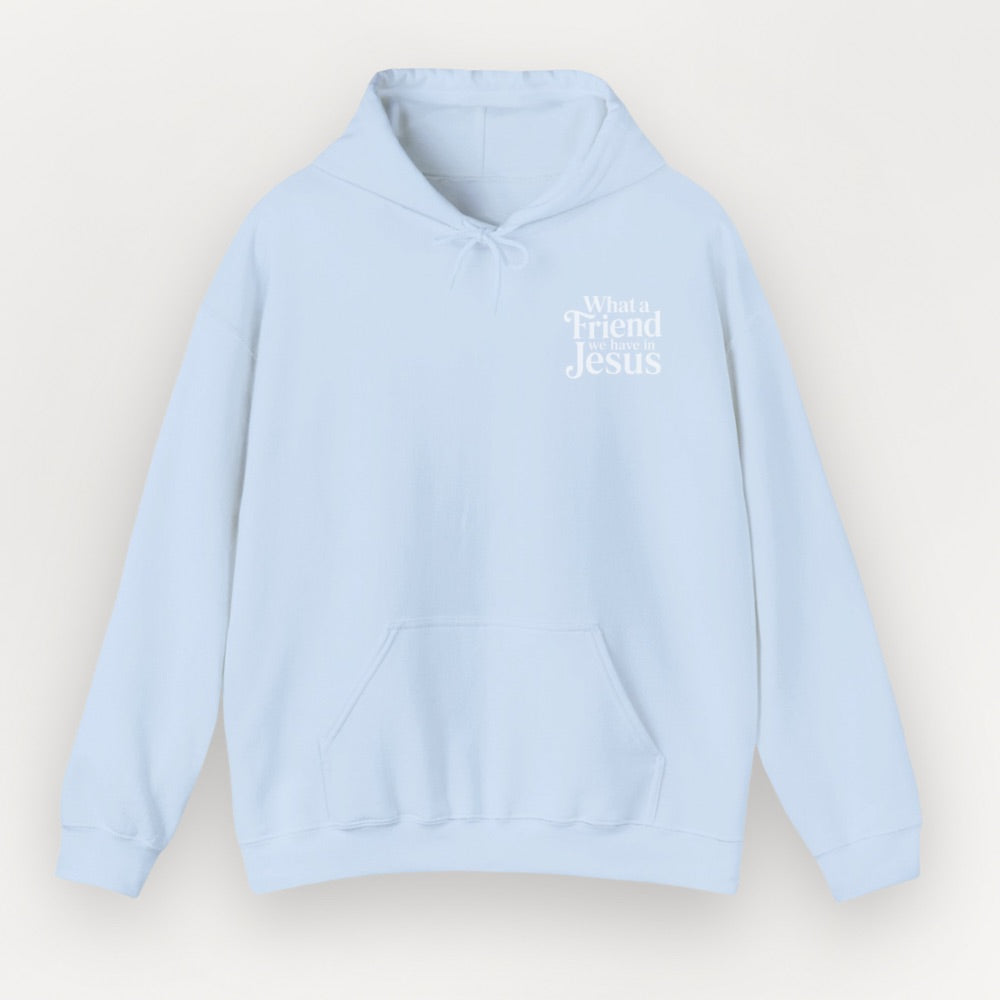Light blue Everyday Faith hoodie with 'What a Friend Jesus' text on a light gray background.