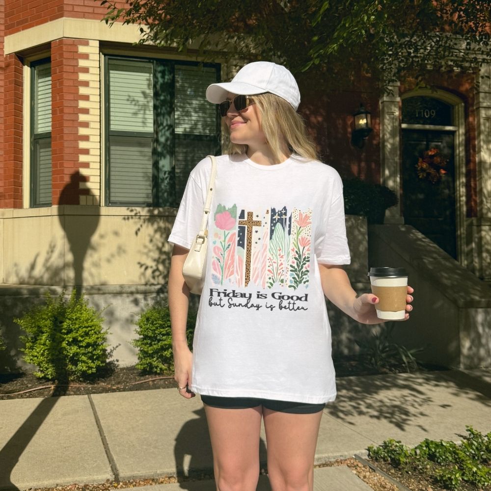Friday is Good but Sunday is Better Christian T shirt with floral cross design