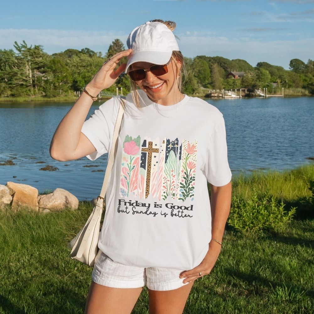 Friday is Good but Sunday is Better Christian T shirt with floral cross design