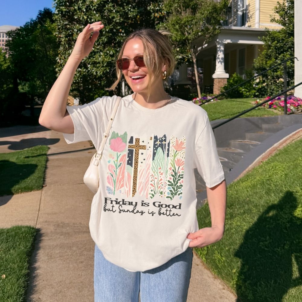 Friday is Good but Sunday is Better Christian T shirt with floral cross design