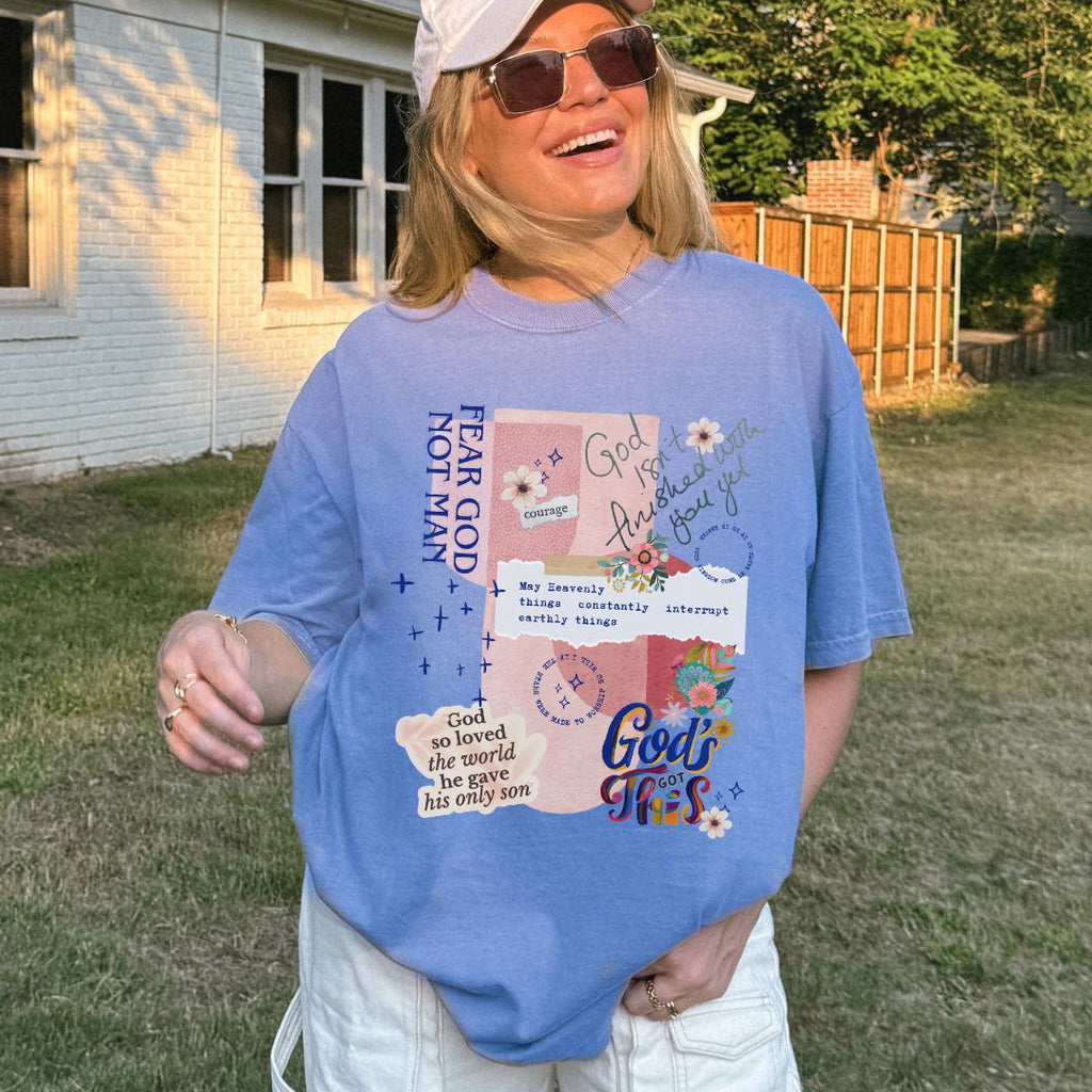 Faith inspired t-shirt styled casually outdoors with neutral accessories
