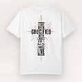 A white Everyday Faith short-sleeve t-shirt shown from the back, featuring a graphic print of a crucified cross with the text 'I HAVE BEEN CRUCIFIED WITH CHRIST AND I NO LONGER LIVE' in black and gold.