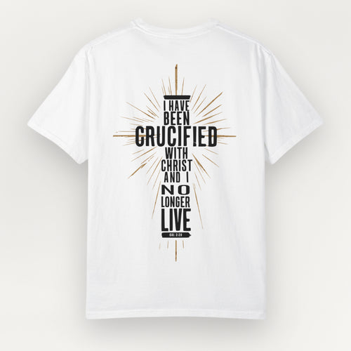 A white Everyday Faith short-sleeve t-shirt shown from the back, featuring a graphic print of a crucified cross with the text 'I HAVE BEEN CRUCIFIED WITH CHRIST AND I NO LONGER LIVE' in black and gold.