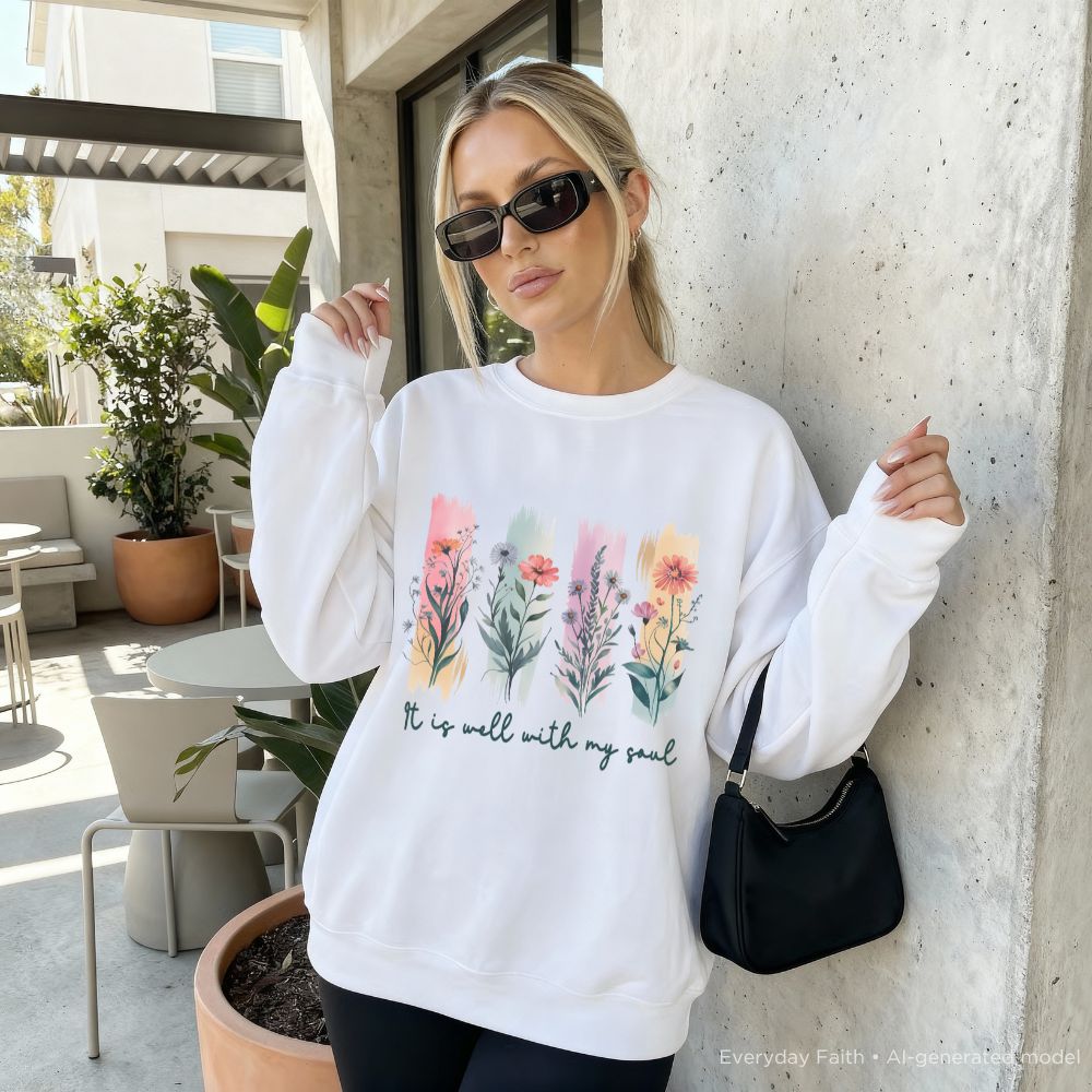 A woman wearing a white Everyday Faith crewneck sweatshirt with a colourful floral graphic and the text 'It is well with my soul' on the front, standing outdoors next to a concrete wall.