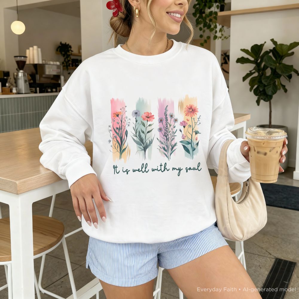 Woman wearing a white Everyday faith sweatshirt with floral designs and text, holding a coffee cup in a casual setting.