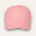 Pink cap with white text on a light gray background