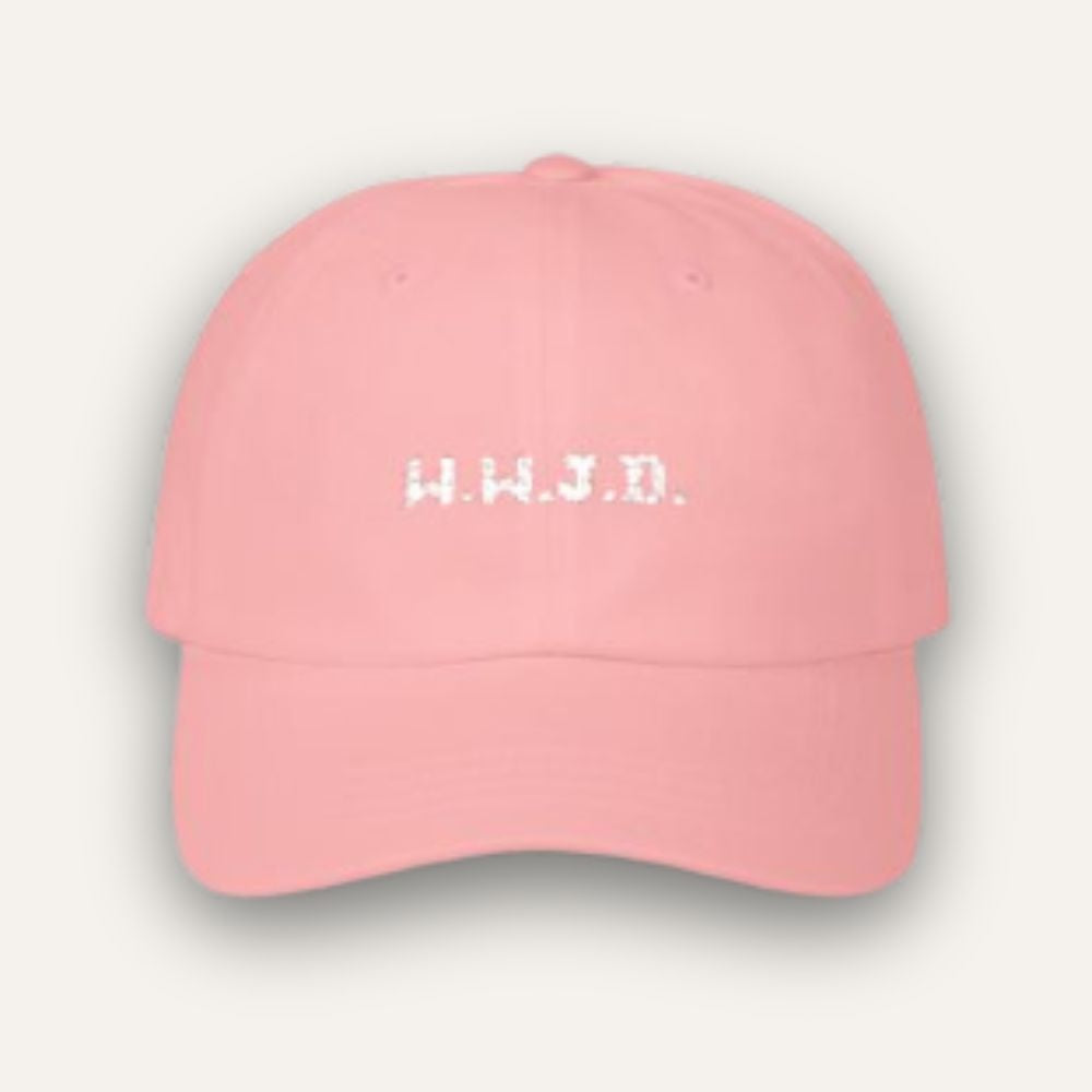 Pink cap with white text on a light gray background