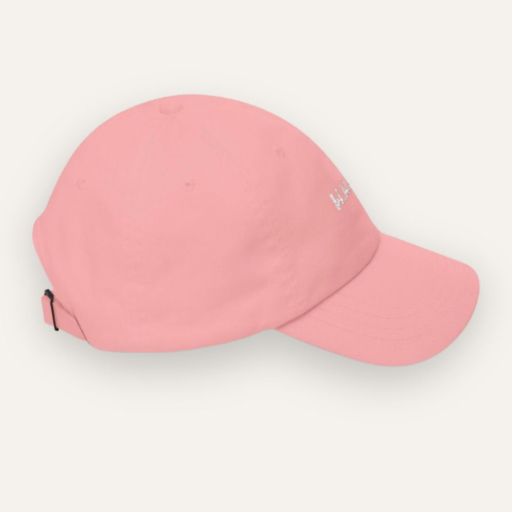Pink baseball cap on a light gray background