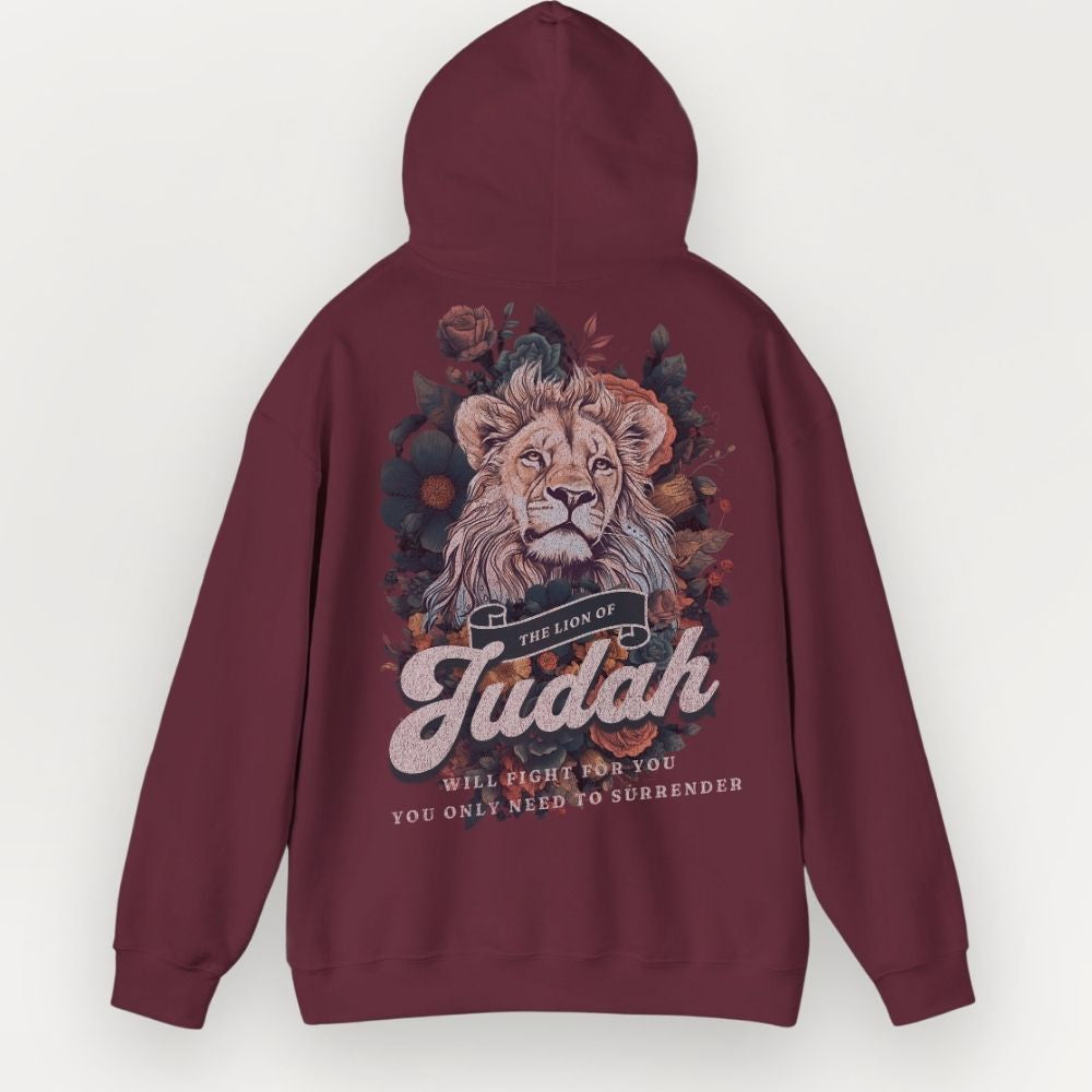 Maroon hoodie with a lion graphic and text on the back against a white background