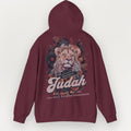 Maroon hoodie with a lion graphic and text on the back against a white background