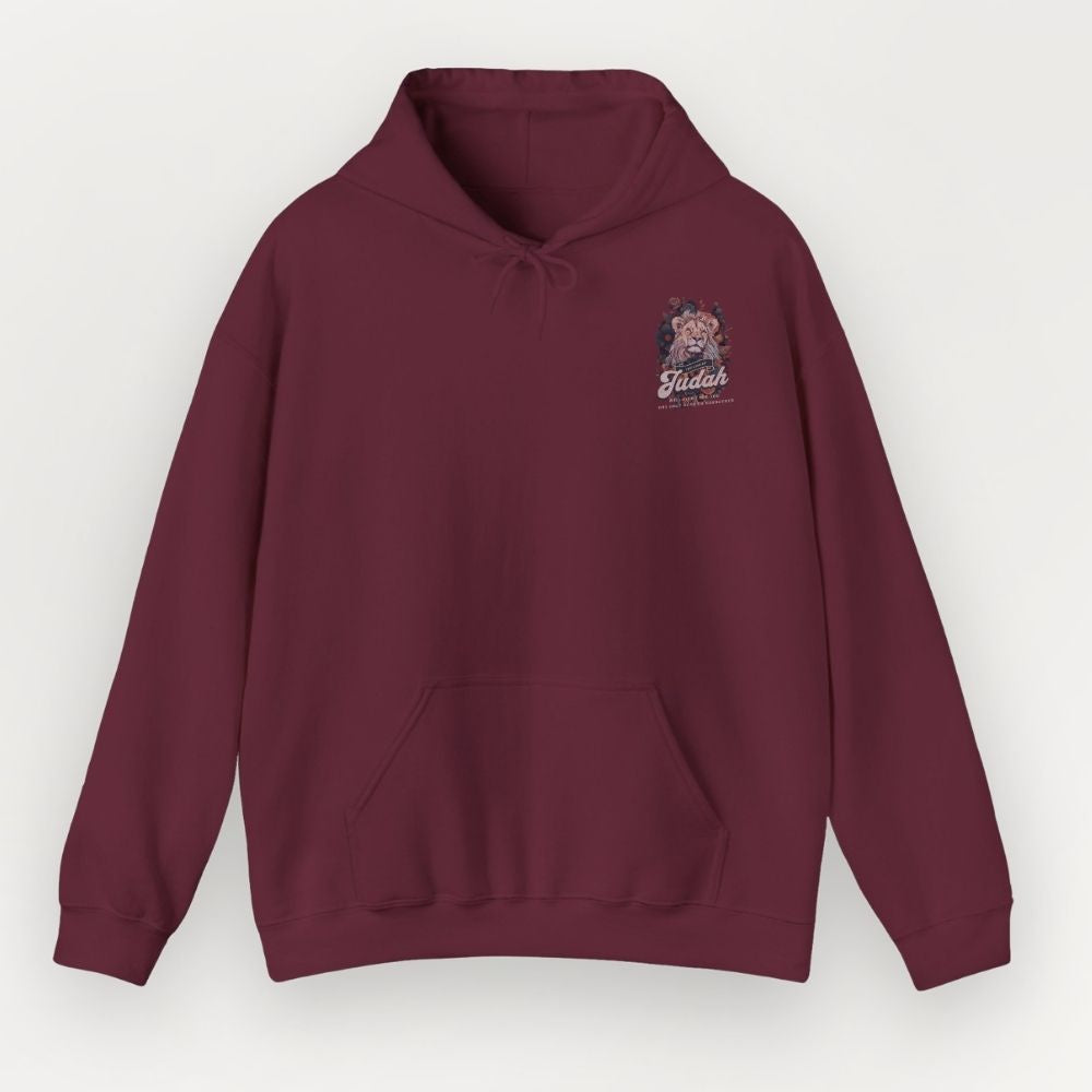 Maroon hoodie with a logo on the chest against a white background