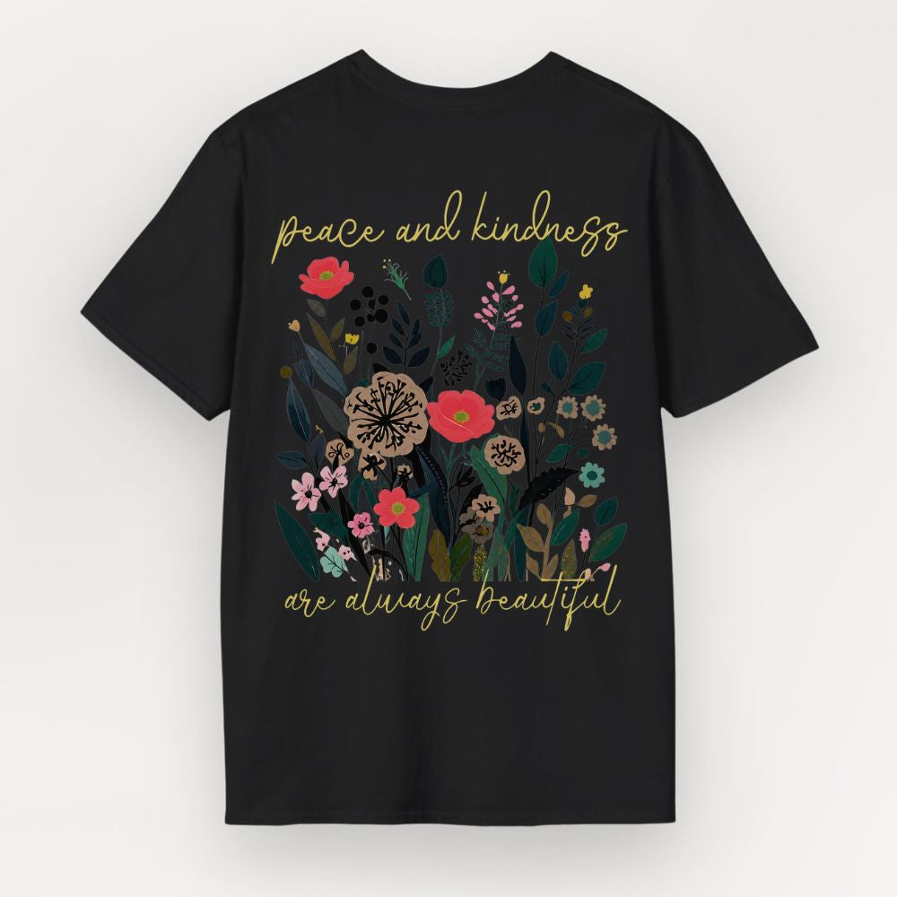Black t-shirt with floral design and text on a white background