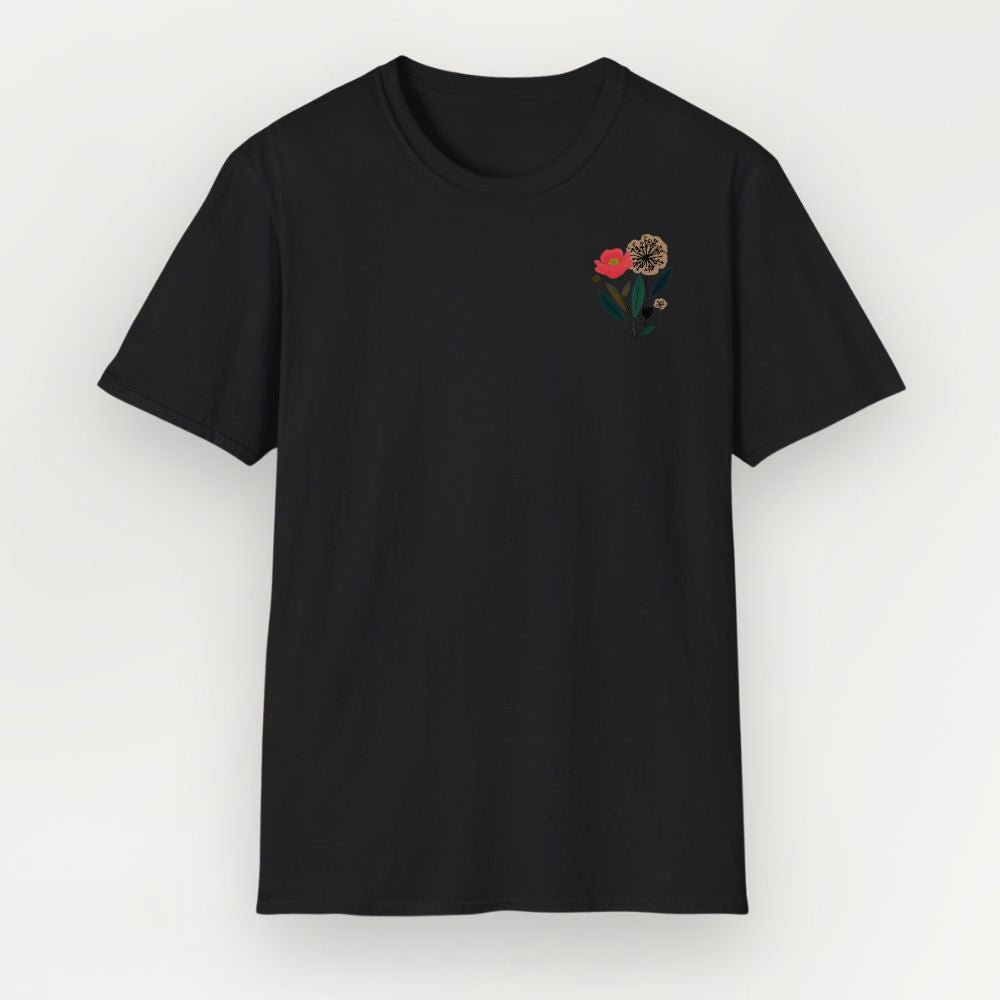 Black t-shirt with a floral design on the chest against a white background