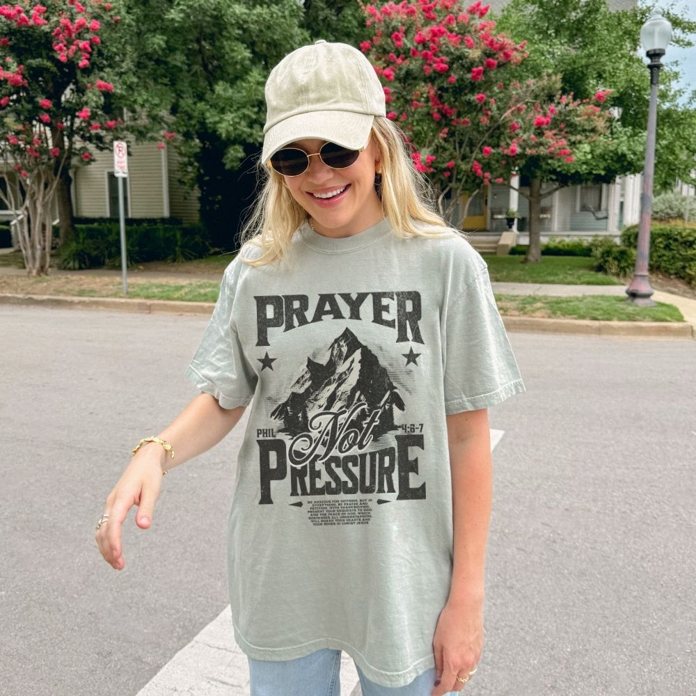 Prayer Not Pressure Christian t shirt with mountain design