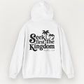 White hoodie with black text and palm tree design on a white background